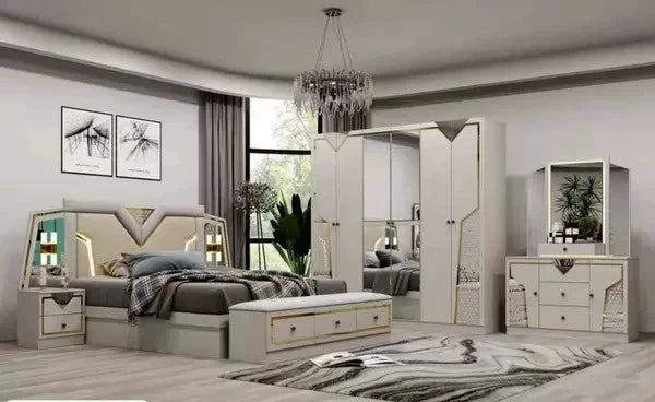 lit tête capitonnée armoire coulissante commode miroir chambre moderne blanc doré