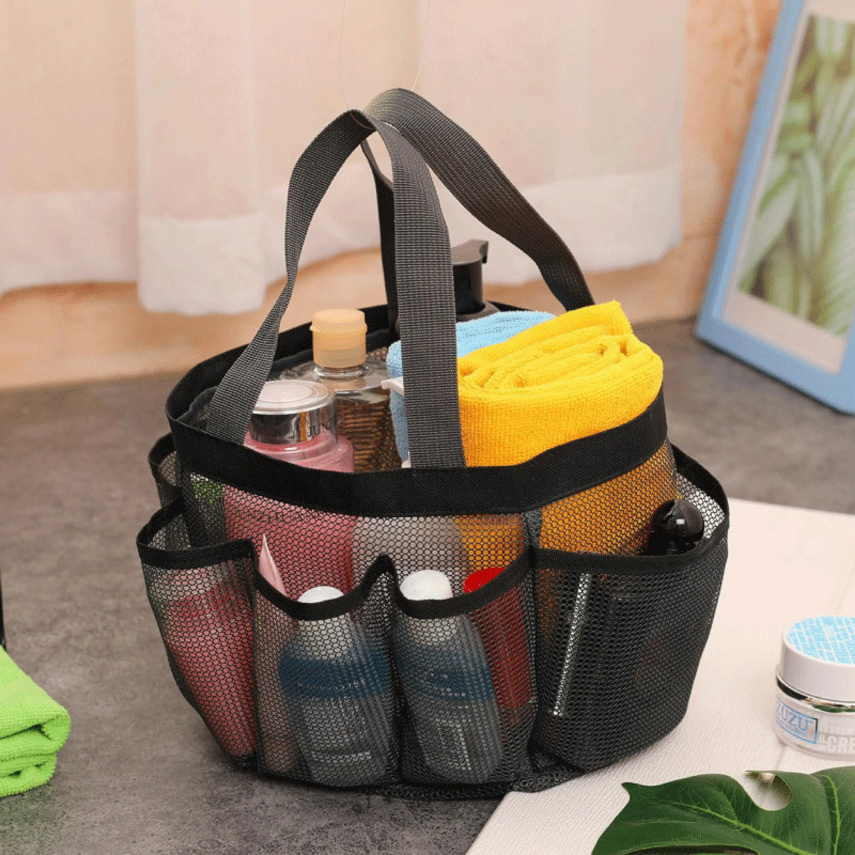 sac rangement bain voyage toilettte polyester maille transparent noir jaune rose vert blanc pratique