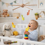 mobile musical bébé structure bois oiseaux ornements suspendus décoration chambre arc ciel illustrations jouets