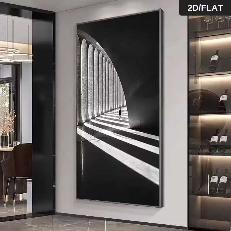 décoration murale moderne architecture intérieure noir blanc toile tunnel perspective ombres lumières minimaliste