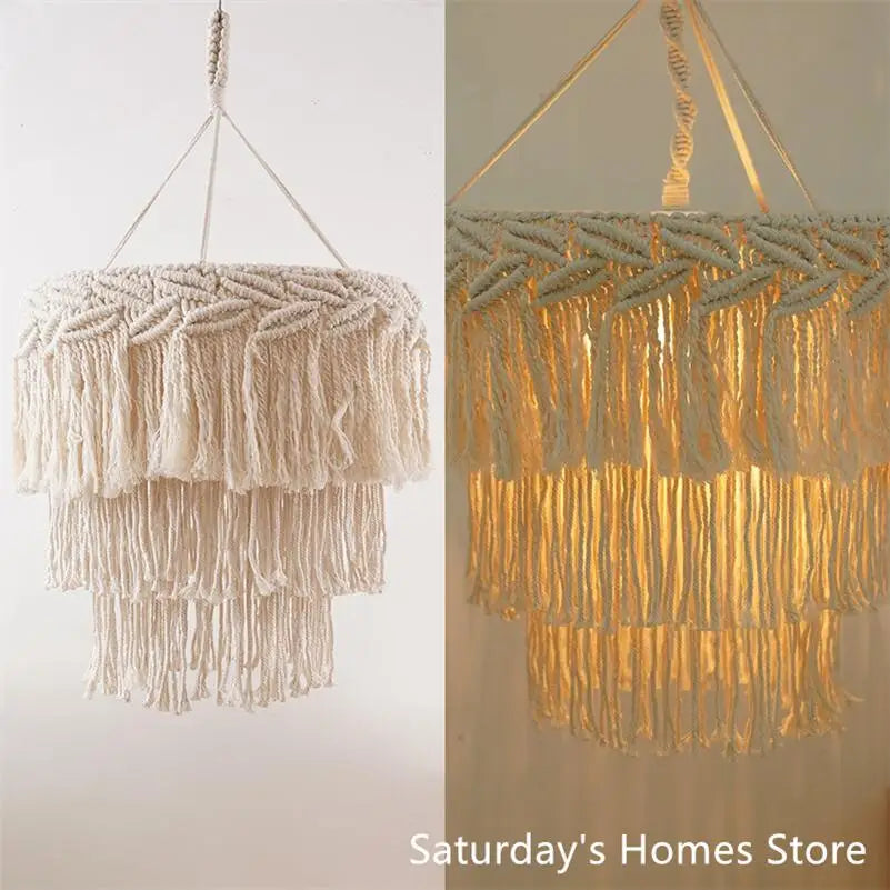 lampe suspendue boho macramé blanc cassé franges artisanal chambre opale coton tissage