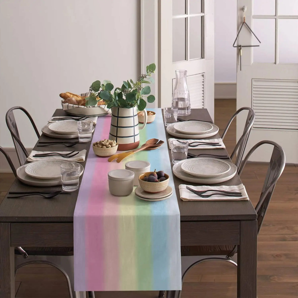 table cheminement lin rayé arc ciel moderne rose jaune verte bleue violette