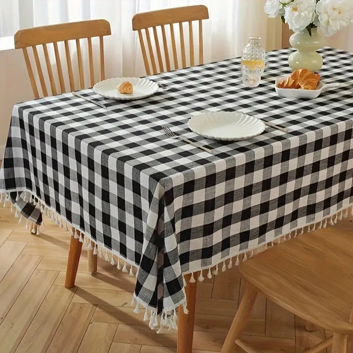 nappe table carreaux géométriques beige blanc noir tassellets classique rustique polyester imperméableextérieurintérieur