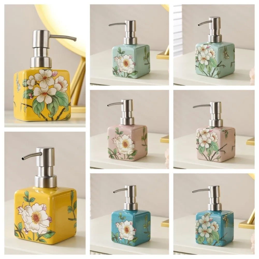 distributeur savon liquide fleurs papillon bleu jaune rose étanche rechargeable classique floral maison