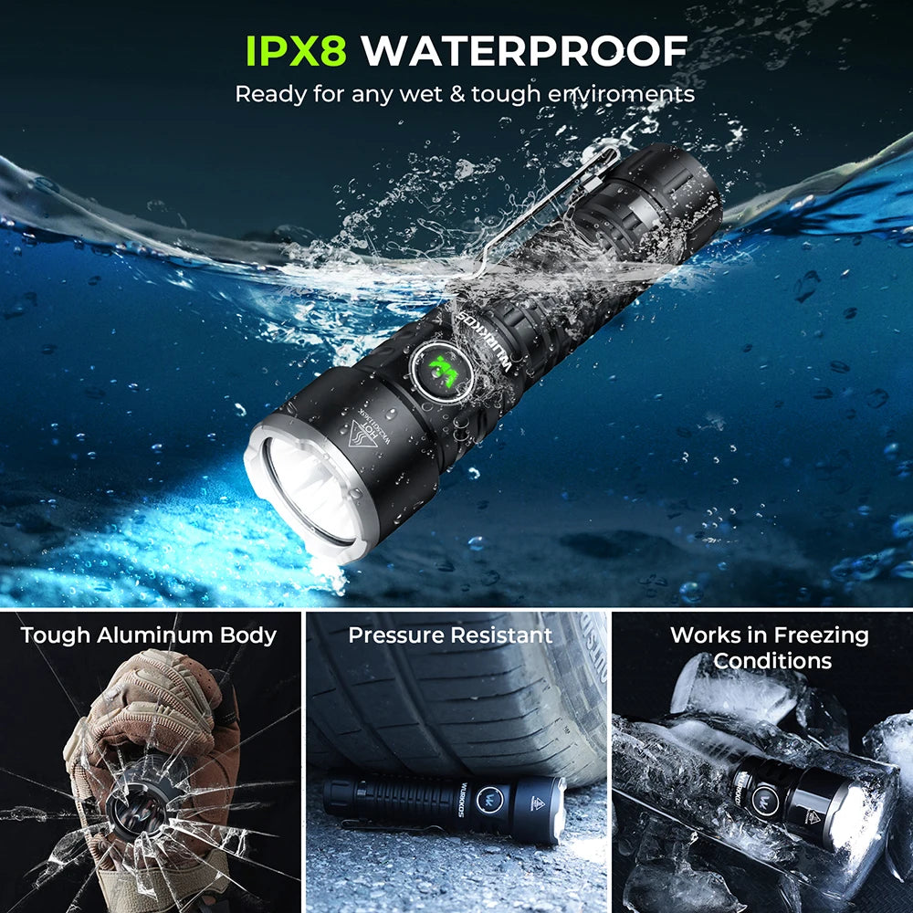 lampe torche rechargeable noire anti dérapante ipx8 étanche 5000mah autonomie 330h lumière intense robuste