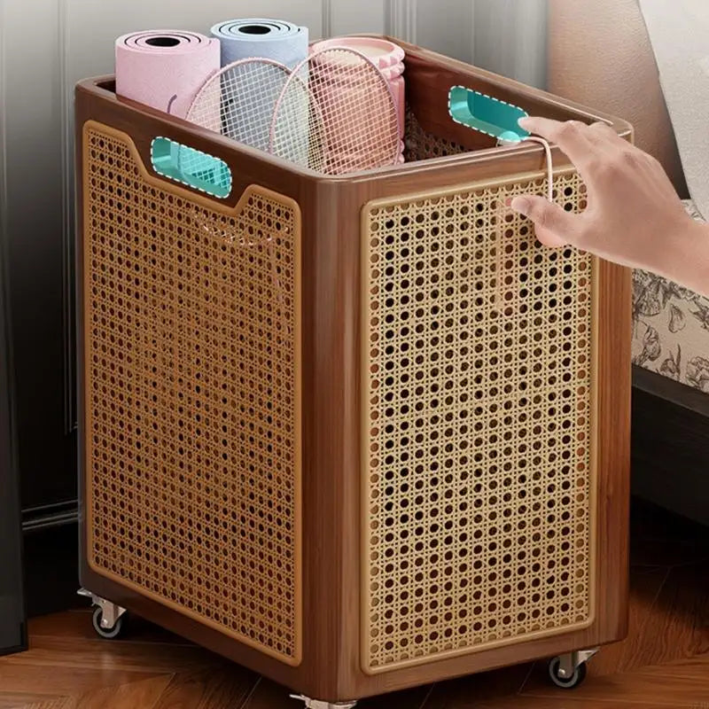 panier tressé moderne roulettes rangement marron foncé utilisation multiple bois chambre coucher salle bain