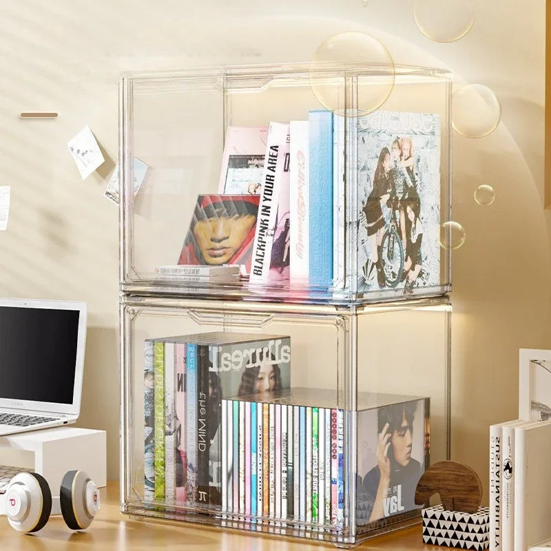 boîtes rangement transparentes modernes minimalistes empilables poignées livres magazines cd vinyles organisateur
