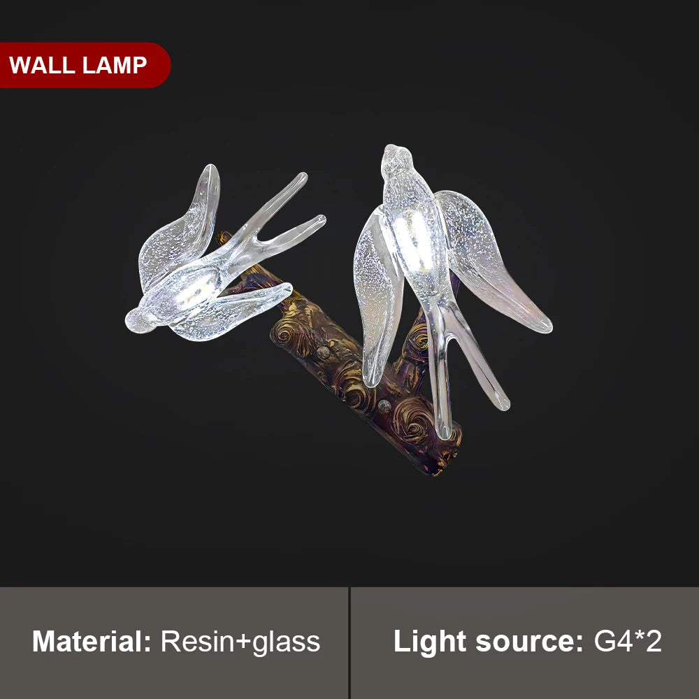 lampe suspendue transparente branches dorées oiseaux verre moderne naturel chambre hall étude