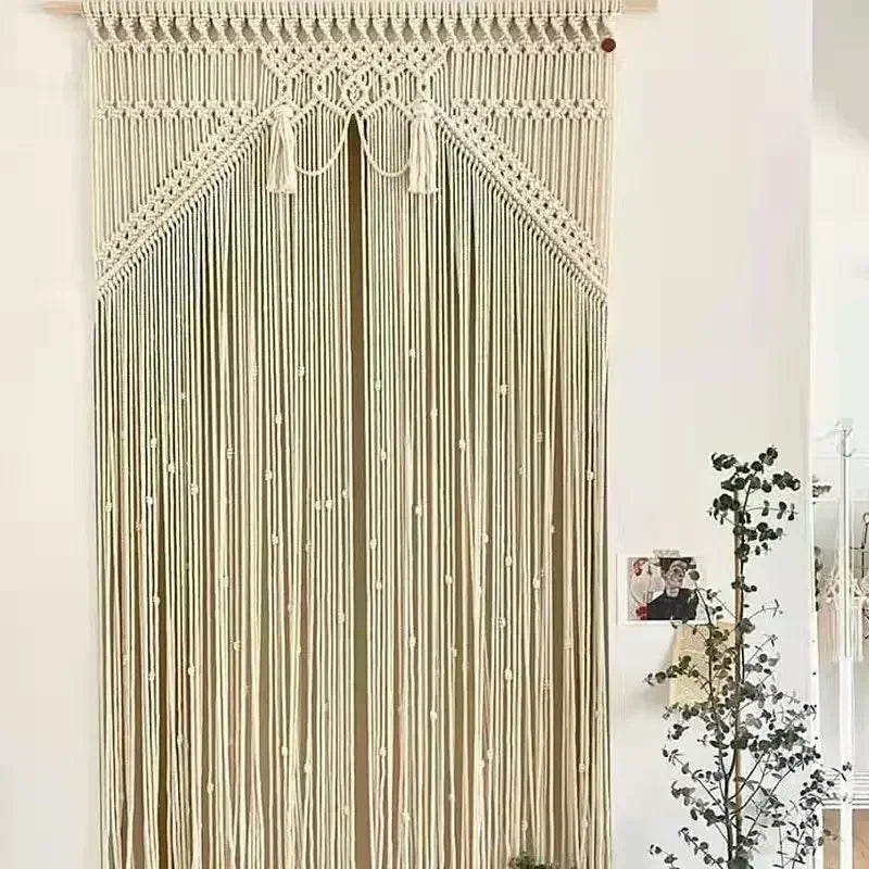 rideau macramé coton beige clair motif géométrique franges boho chic décoration intérieur séparation porte