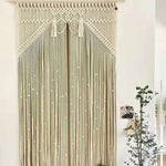 rideau macramé coton beige clair motif géométrique franges boho chic décoration intérieur séparation porte