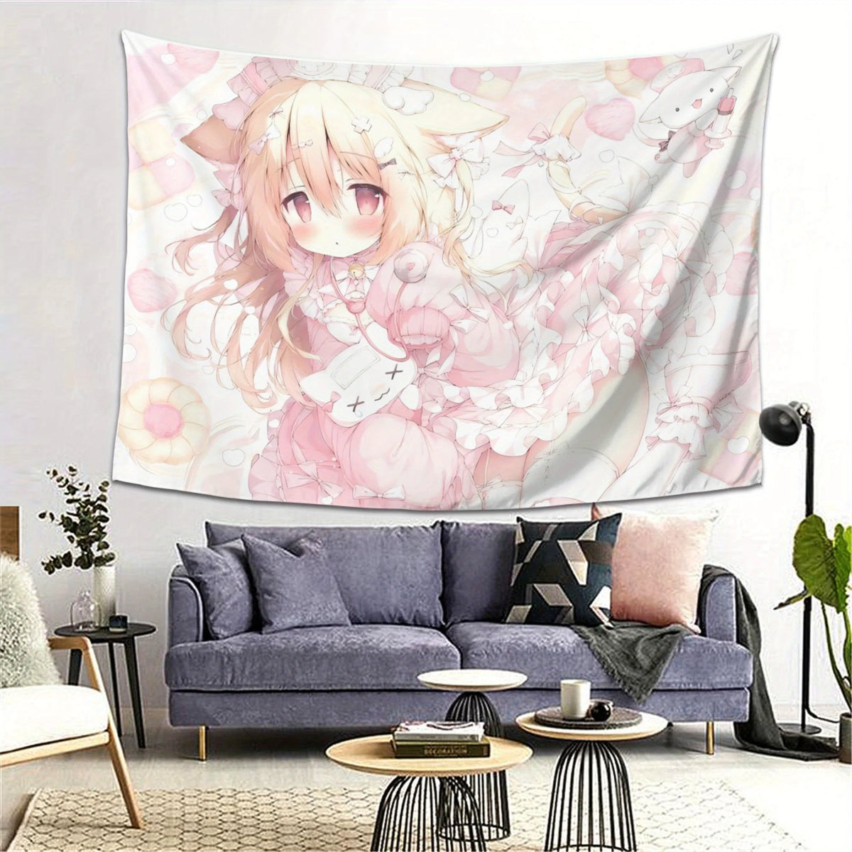 tapisserie anime fille motifs floraux animaux rose blanche verte décoration chambre salon