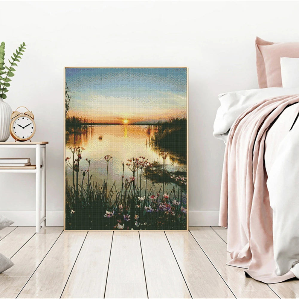 toile broderie paysage coucher soleil fleurs arbres multicolore opaque réaliste kit broderie aiguilles fils