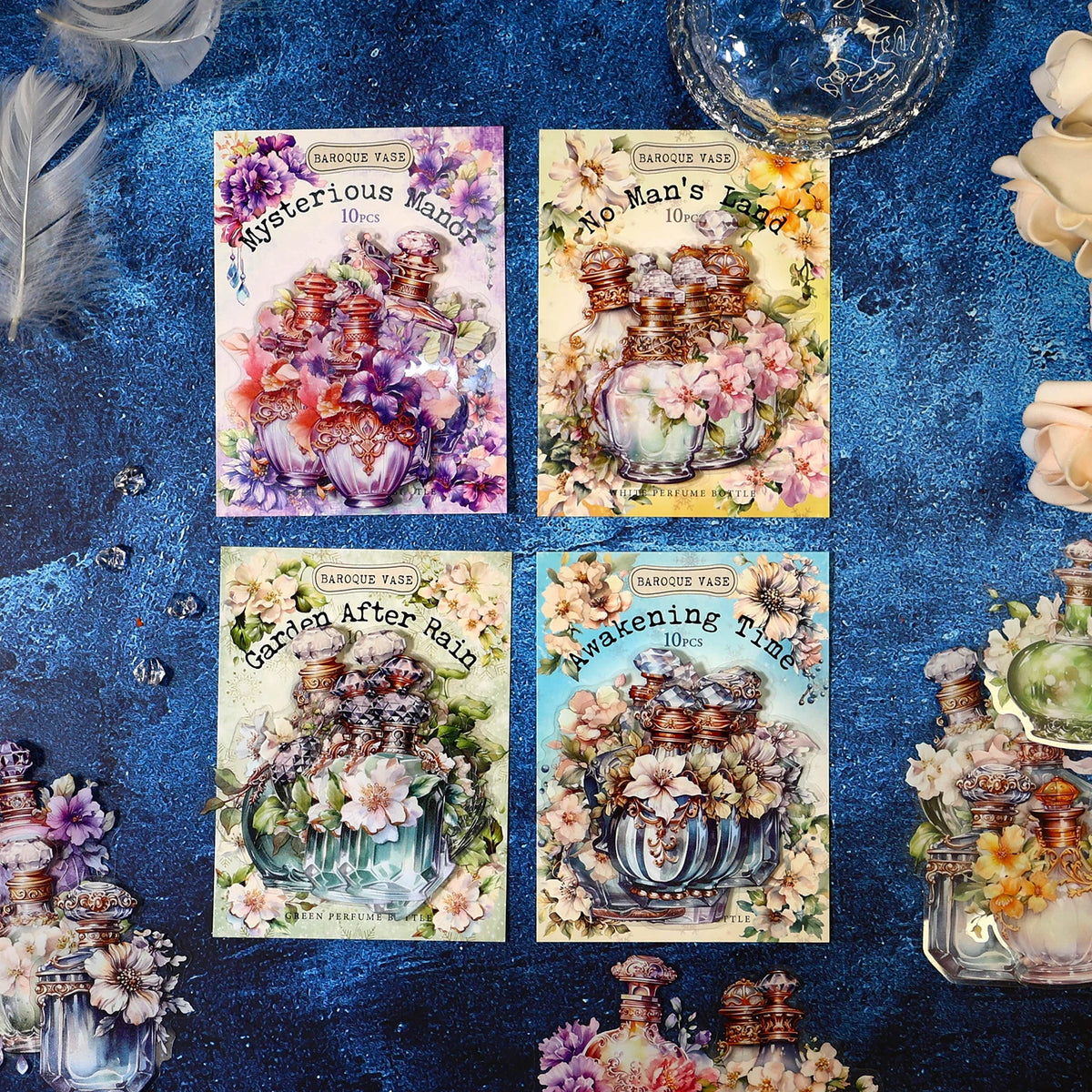 autocollants vintage baroques fleurs ornements décoration scrapbooking transparent doré parfum diy