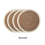 tapis table tressés spirale concentrique marron clair beige franges blanches rustiques naturels 38cm 4pcs