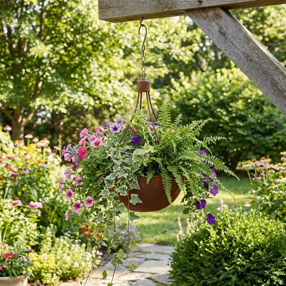 pot suspendu métal rustique crochet plantes fleuries variées vintage chambre salon