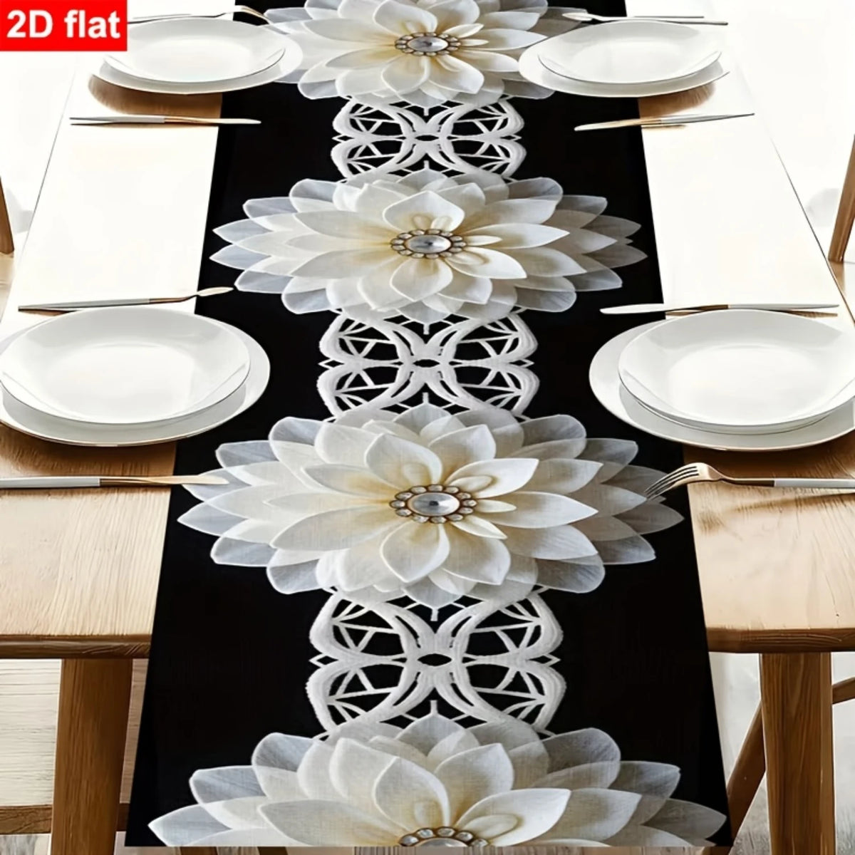 chinois moderne élégant chemin table imprimé fleurs blanches motifs géométriques polyester opaque