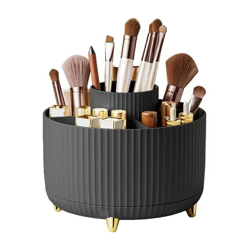 organisateur maquillage rotatif blanc noir rayures verticales moderne élégants pieds dorés pinceaux maquillage boîtes