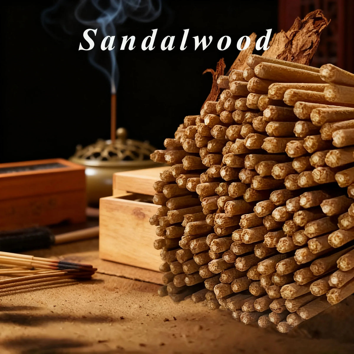 bâtons d'encens marron traditionnels boîte bois cendrier herbes aromatiques thérapeutiques salon détente parfum naturel