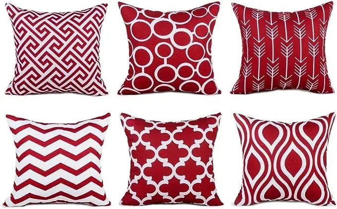 housse coussin carré lin imprimé géométrique moderne rouge blanc 45x45cm
