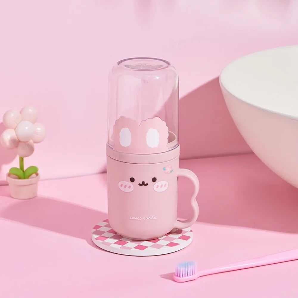 tasse dents dessin animé rose blanche oreilles lapin réutilisable moderne enfantine poignée transparente