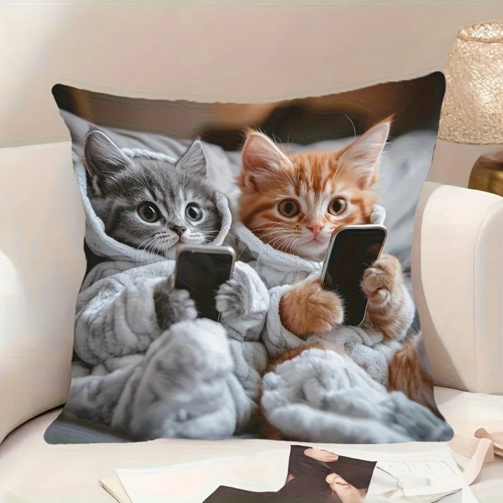 housse coussin polyester chat imprimé gris orange moderne salon chambre lit 45cm 45cm