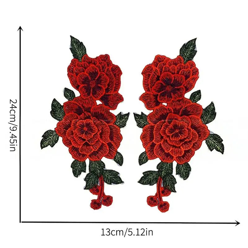 Patch brodé broderie florale rouge adhésif chaud couture décoration artisanat DIY femme homme