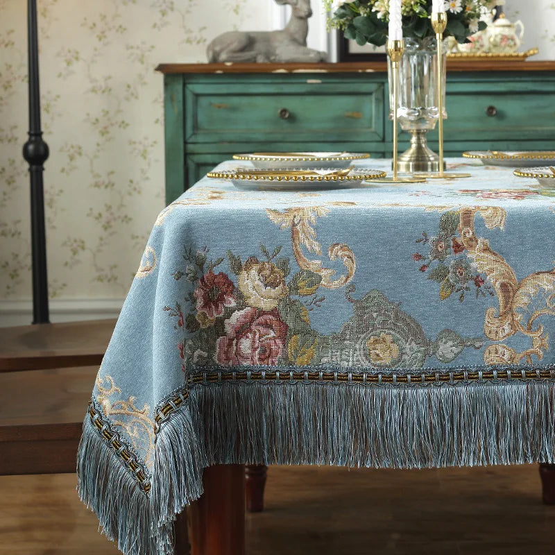 nappe table rectangulaire chenille bleue beige marron motif floral franges classique élégant