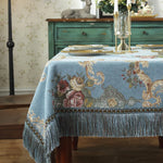 nappe table rectangulaire chenille bleue beige marron motif floral franges classique élégant