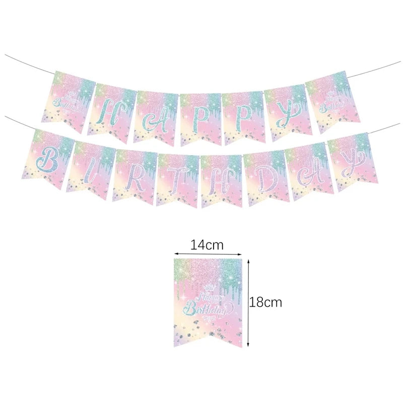 vaisselle jetable fête anniversaire moderne multicolore pailletée assiettes tasses serviettes pailles bannière happy birthday