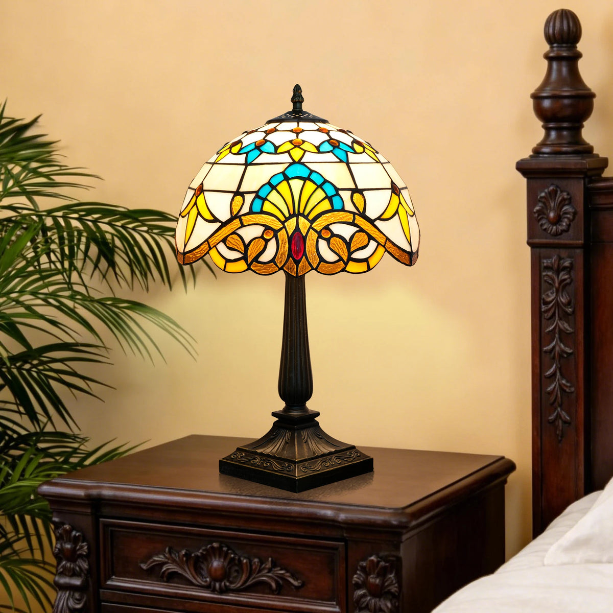 lampe table art nouveau tiffany motifs floraux noir multicolore interrupteur bouton poussoir résine opaque