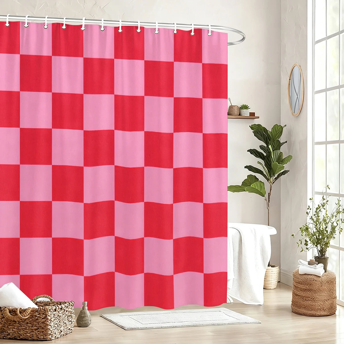 rideau douche moderne carreaux géométriques rouge rose blanc opacité anneaux métalliques durable chambre coucher