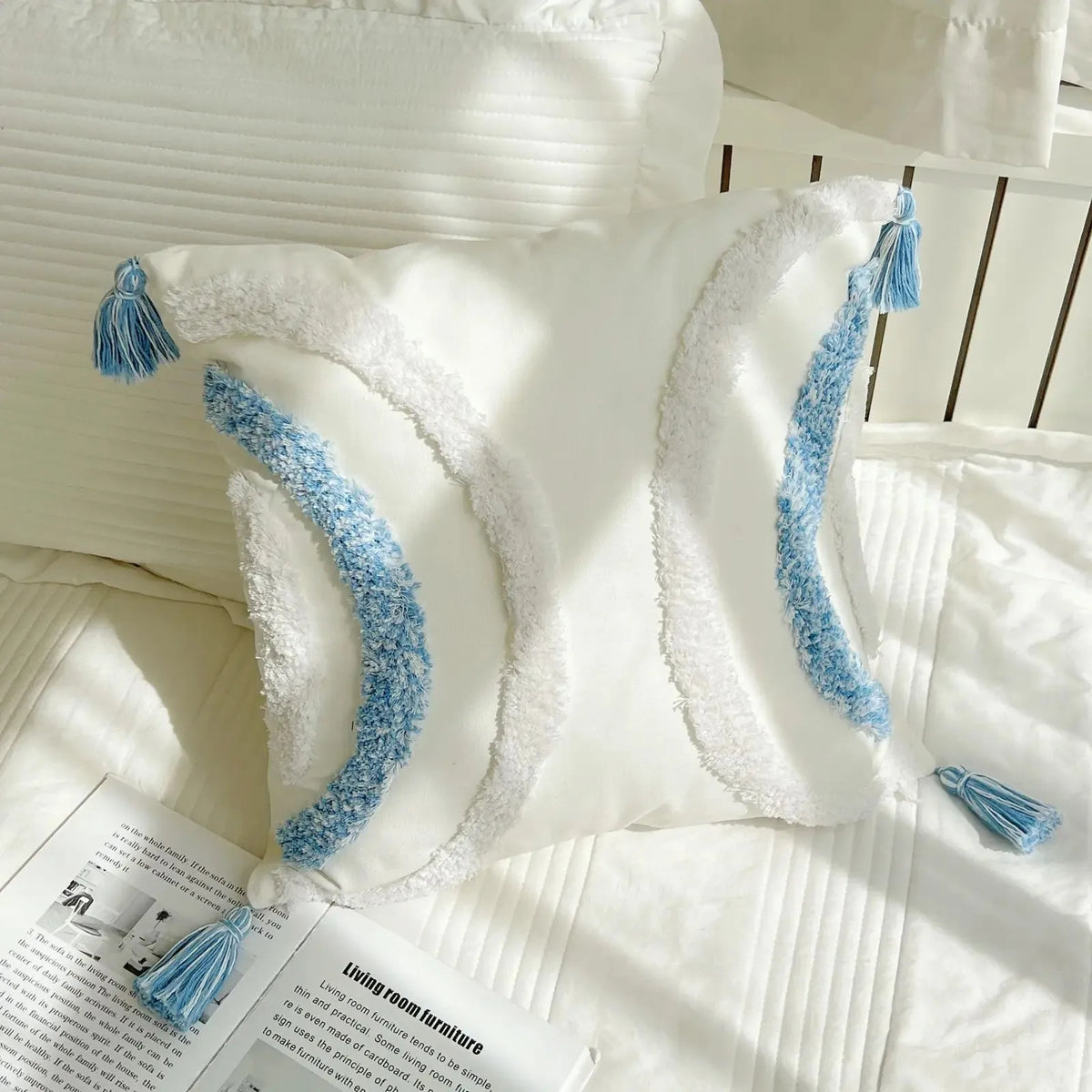 coussins bohèmes 3d franges taies d'oreiller décoratives géométriques brodés moderne blanc bleu clair polyester