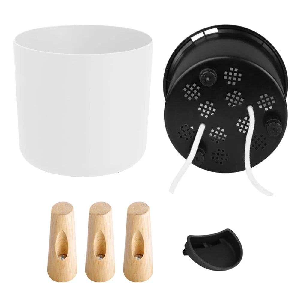 Pots plante moderne blanc gris pieds bois auto drainage 17cm hauteur