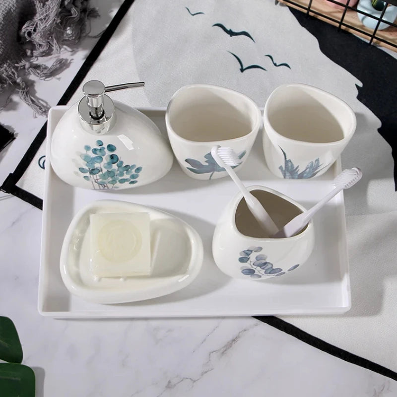 ensemble salle bain céramique éco friendly blanc bleu vert fleuri