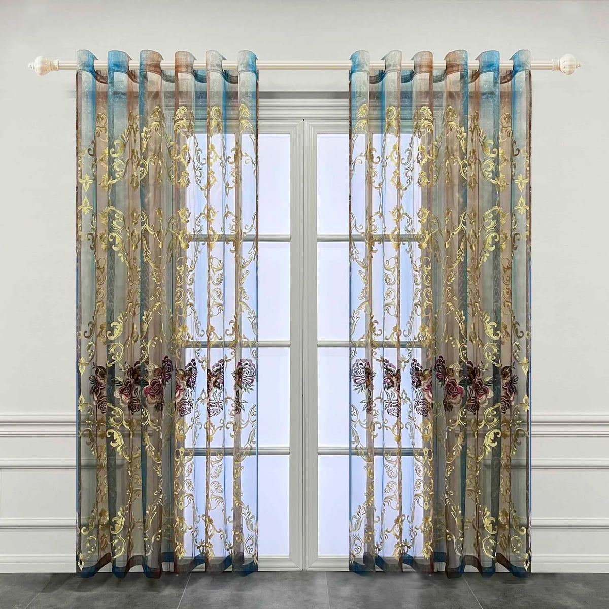 rideau floral transparent gris doré bleu élégant tulle brodé anneaux fenêtre maison