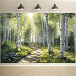 panneau mural forêt chemin naturel arbres blancs herbe verte fleurs chambre salon decoration polyester