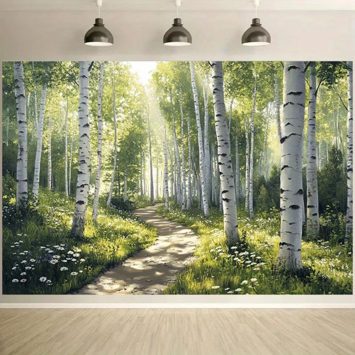 panneau mural forêt chemin naturel arbres blancs herbe verte fleurs chambre salon decoration polyester