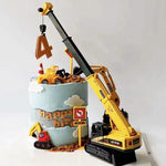 décoration gâteau anniversaire enfant construction tracteur excavatrice bulldozer panneaux signalisation jaune noir