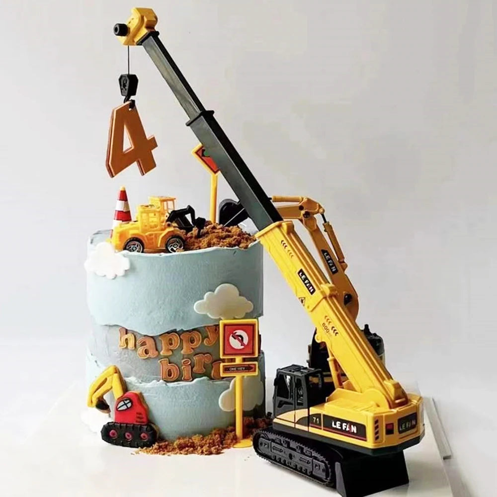 décoration gâteau anniversaire enfant construction tracteur excavatrice bulldozer panneaux signalisation jaune noir