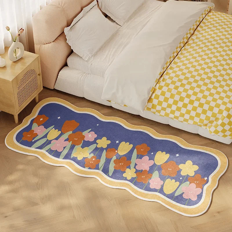 tapis moderne fleurs tulipes blanc rose vert bleu orange décoratif polyester antidérapant lavable