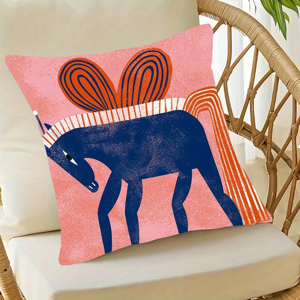 housse coussin décoratif abstraite cheval insecte rose bleu orange moderne 45x45cm polyester fermure éclair