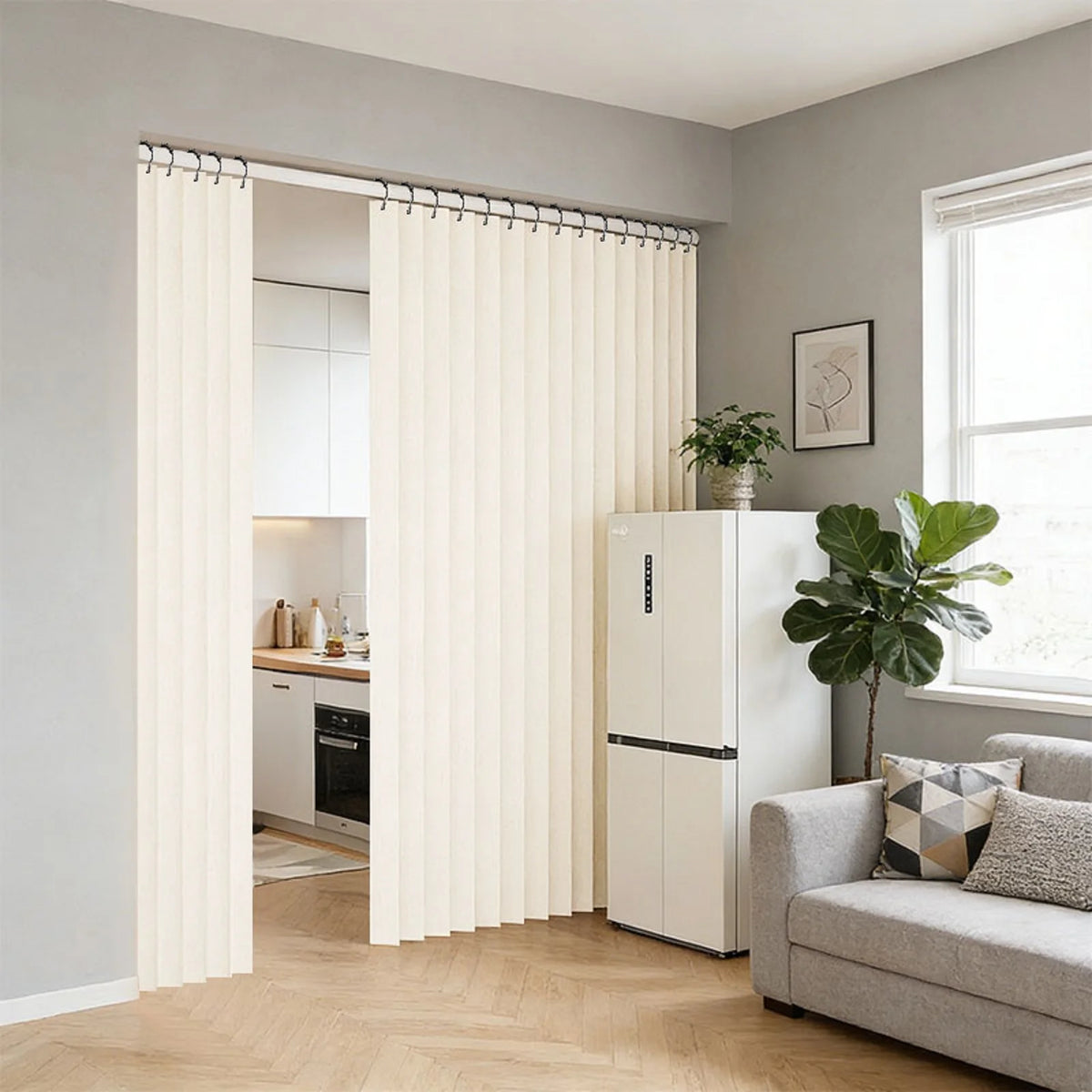 rideau vertical polyester beige rayures verticales moderne opaque pliable garage sous sol durable