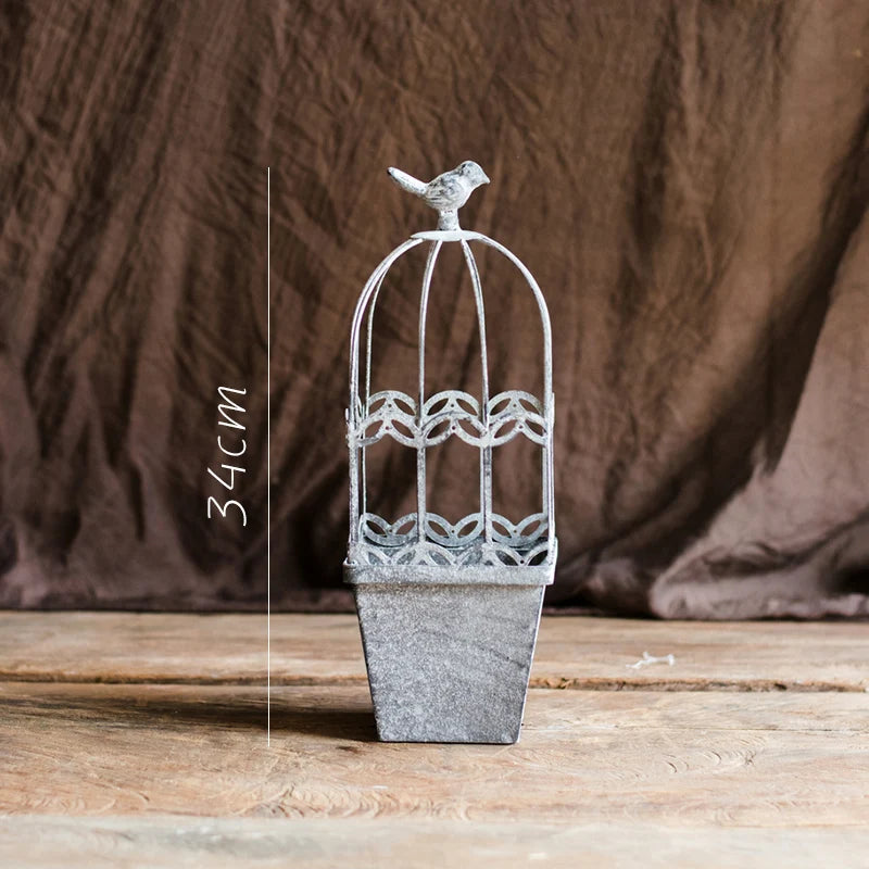 Cage oiseaux vintage métal gris filetage rustique plante oiseau décorative patio rural