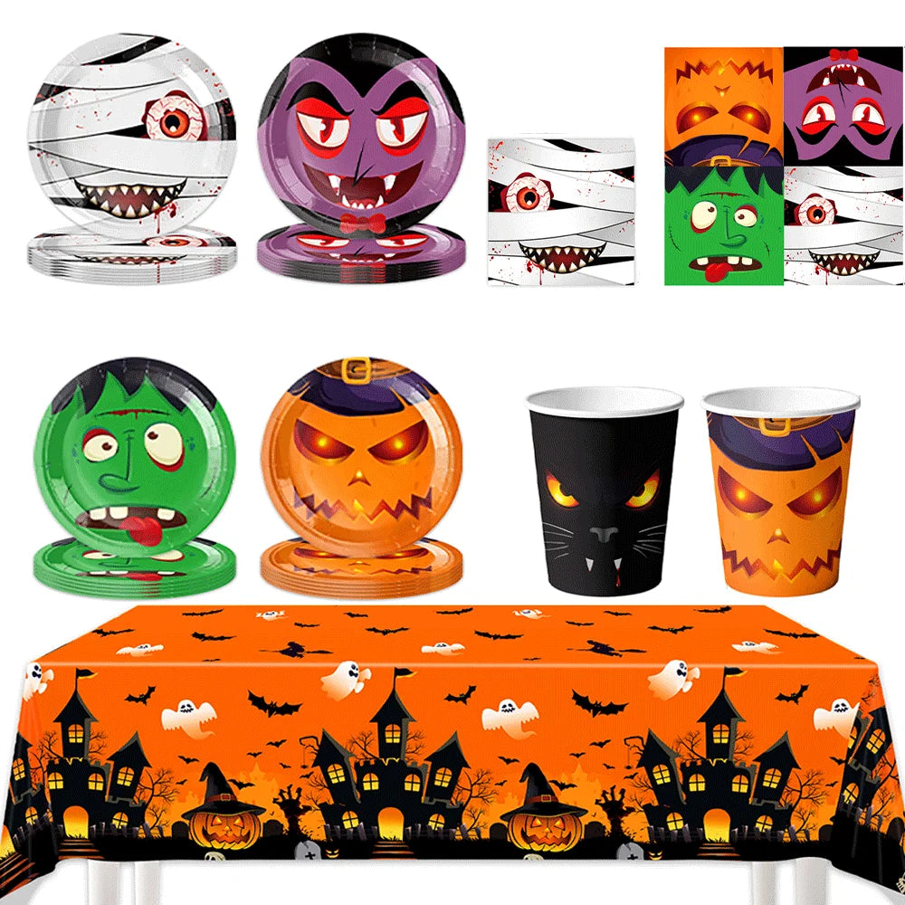 assiettes fantômes halloween citrouilles monstres serviettes gobellets sacs bonbons napkins bannières