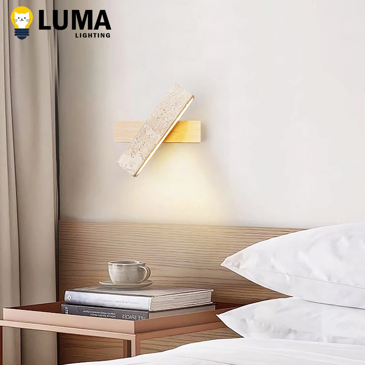 lampe murale led moderne minimaliste pierre bois marron clair interrupteur texture granitique