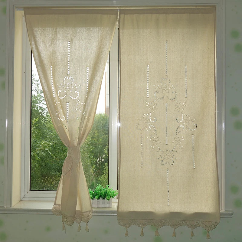 rideaux beiges broderies florales dentelle franges coton pastorales salon chambre semi transparents