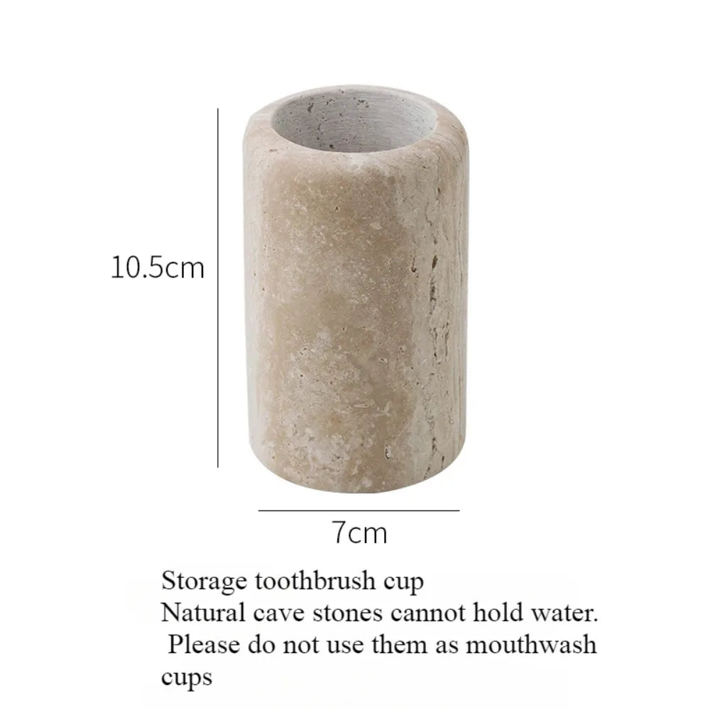 ensemble salle bain moderne pierre marbrée distribiteur savon porte brosse dents plateau carré beige