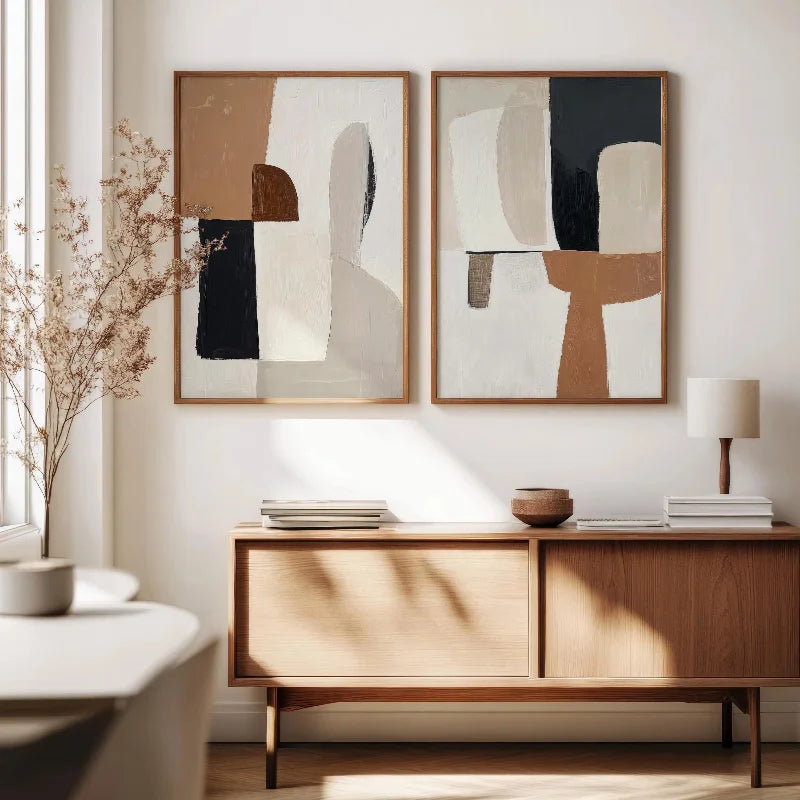 tableau abstrait contemporain toile peinture beige noir blanc marron clair 50x70cm 40x60cm 30x40cm 20x30cm