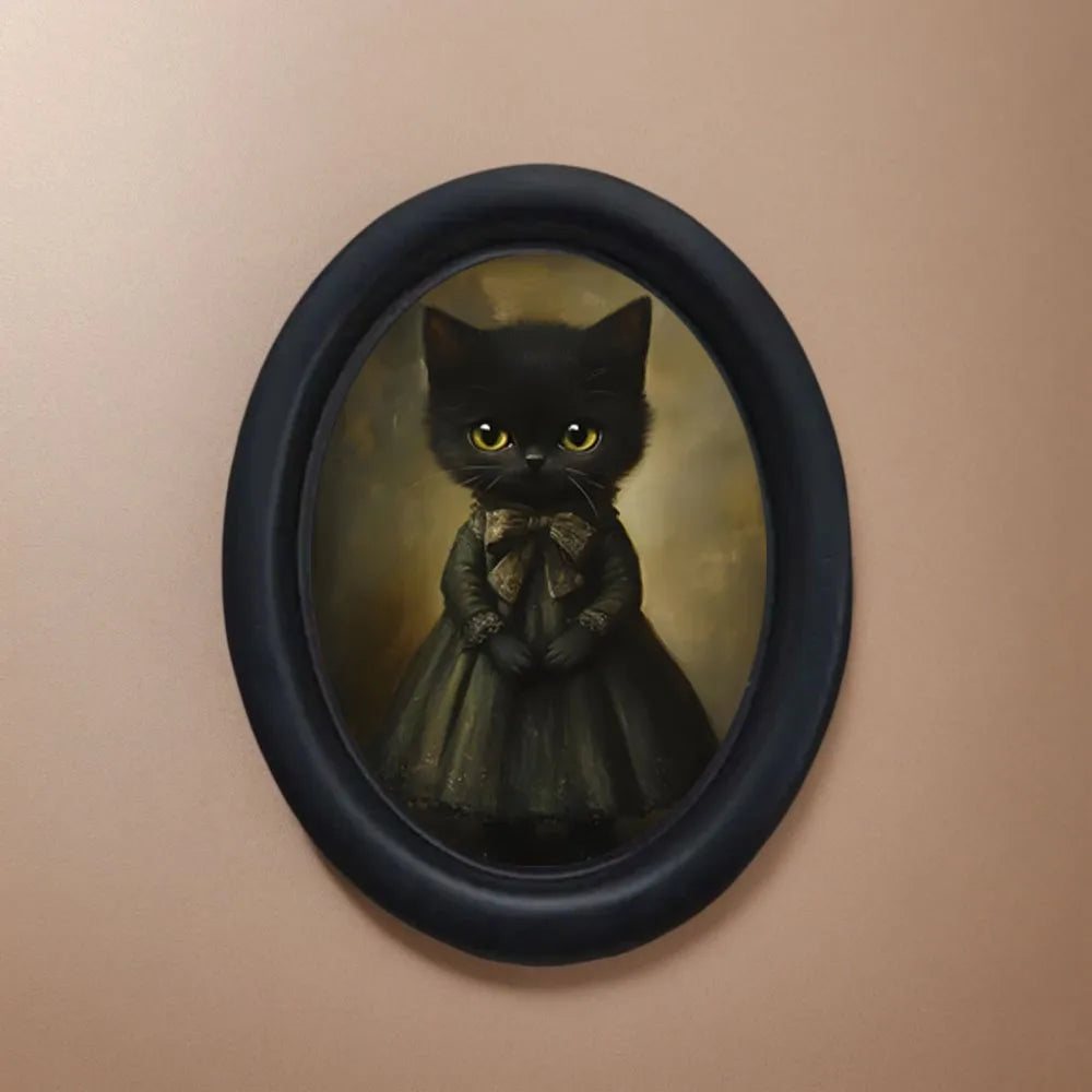 cadre photo ovale chat noir robe classique décoration murale chambre entrée victorien ornement vintage