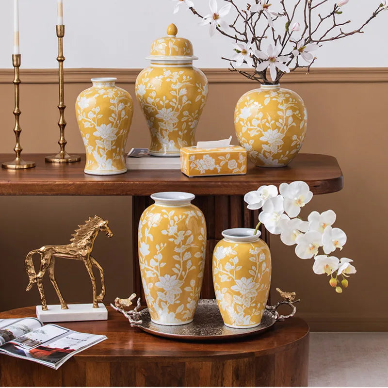 vase table céramique moderne jaune blanc fleurs hydroponique artisanal ornement classique